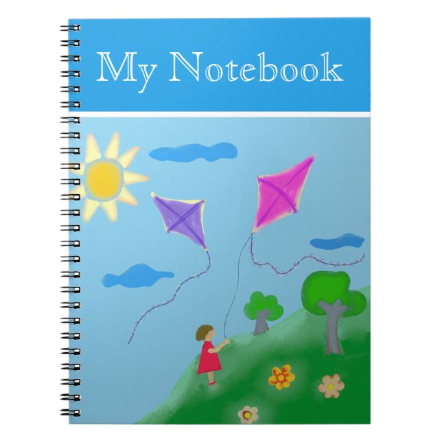 Girl with Kites Flowers Sun Drawing Notebook (Front)