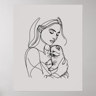 Girl with Kitten - Line Art  Poster