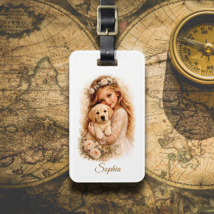 Girl With Labrador Puppy Luggage Tag