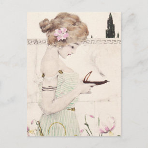Girl with Lamp Art Nouveau Postcard