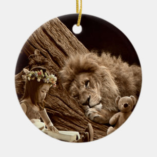 Girl with Lion and Teddy Bear Ceramic Ornament