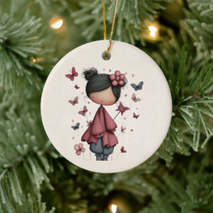 Girl with Magic Wand and Butterflies Cute Ceramic Ornament