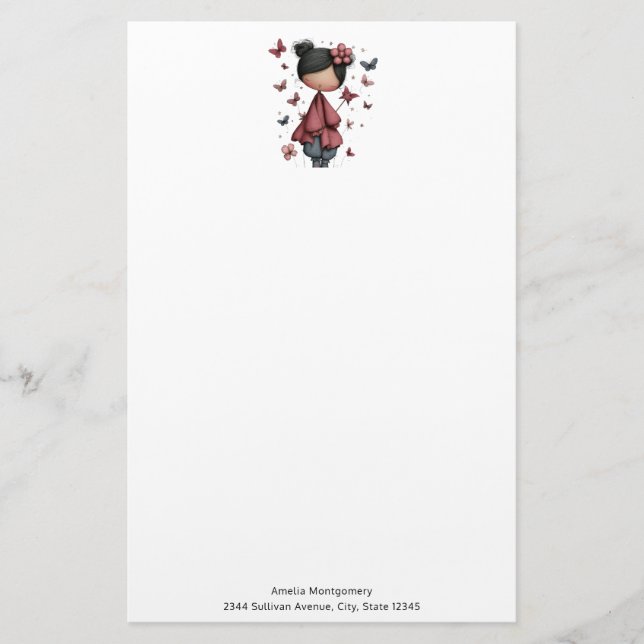 Girl with Magic Wand and Butterflies Cute Stationery (Front)