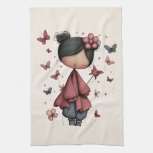 Girl with Magic Wand and Butterflies Cute Tea Towel