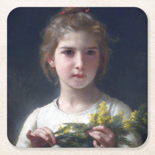 Girl with Mimosa, Bouguereau Square Paper Coaster