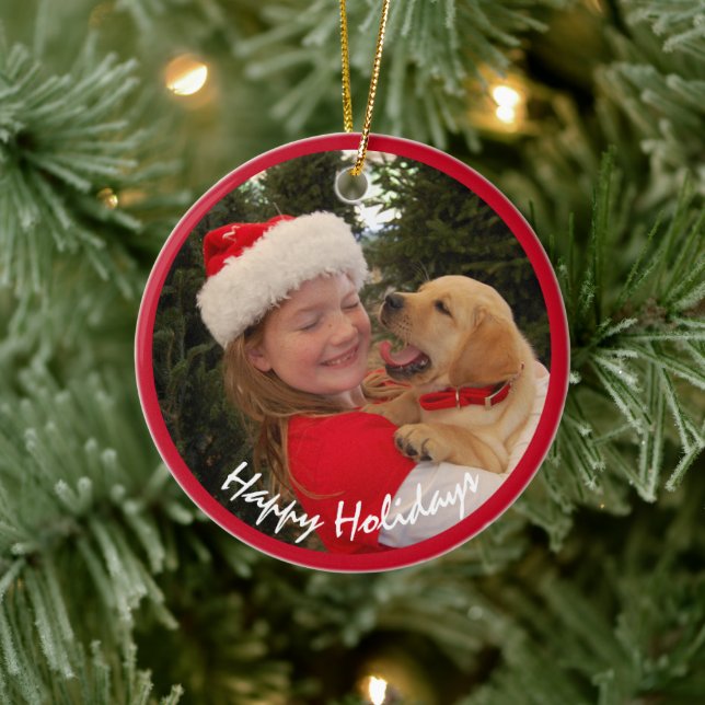 Girl with New Puppy for Christmas Ceramic Ornament (Tree)