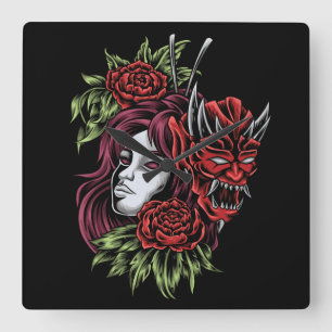 Girl With Oni Mask Square Wall Clock