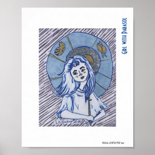 Girl with Parasol, blue ink portrait on white pape Poster