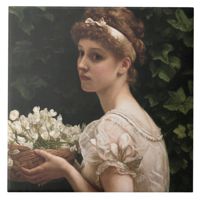 Girl With Pea Blossoms (by Edward Poynter) Ceramic Tile (Front)