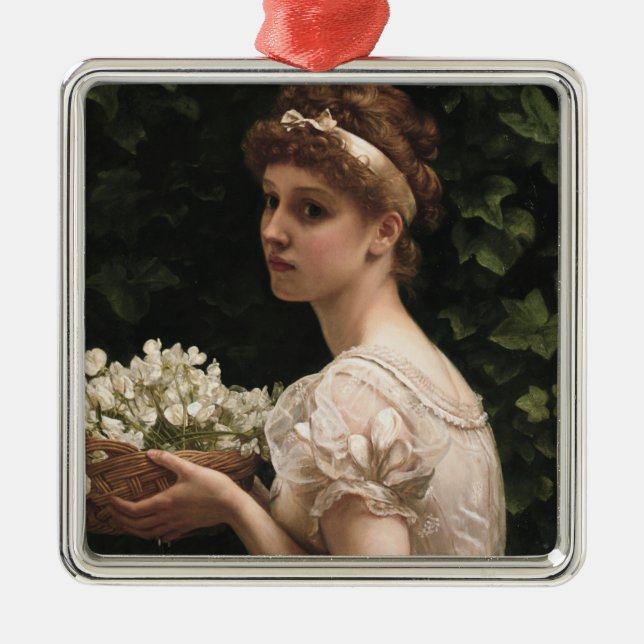 Girl With Pea Blossoms (by Edward Poynter) Metal Ornament (Front)