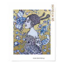 Girl with Peacock golden and ink drawing portrait