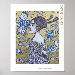 Girl with Peacock golden and ink drawing portrait Poster