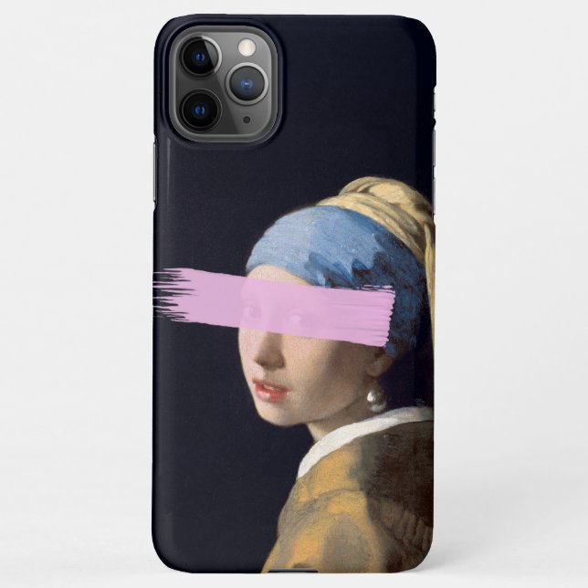 Girl with pearl earing with pink brush stroke iPhone case (Back)