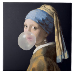 Girl with pearl earring blowing a bubble gum ceramic tile