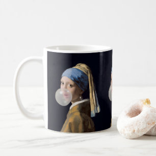 Girl with pearl earring blowing a bubble gum coffee mug