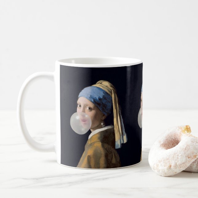 Girl with pearl earring blowing a bubble gum coffee mug (With Donut)