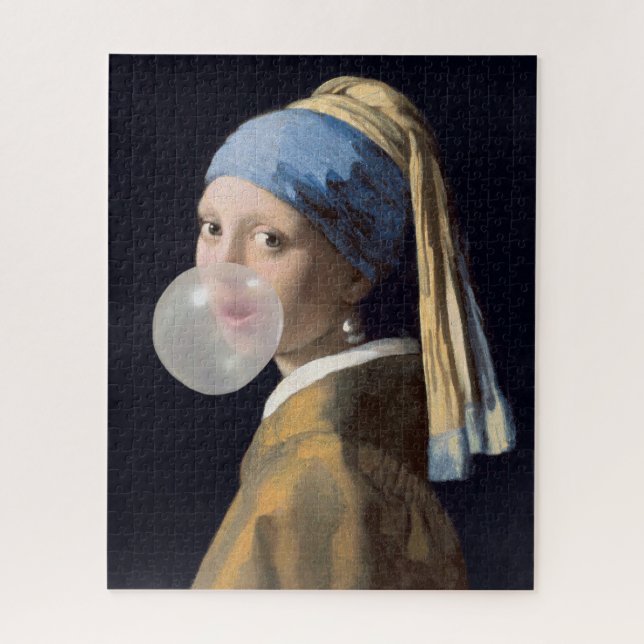 Girl with pearl earring blowing a bubble gum jigsaw puzzle (Vertical)