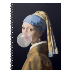 Girl with pearl earring blowing a bubble gum notebook