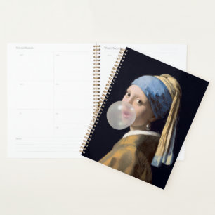Girl with pearl earring blowing a bubble gum planner