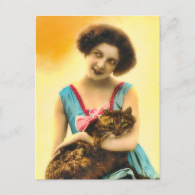 Girl with Pet Cat Postcard (Front)