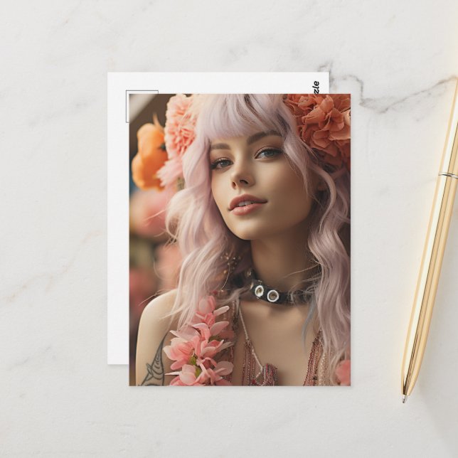 Girl with Pink Hair & Flowers Postcard (Front/Back In Situ)