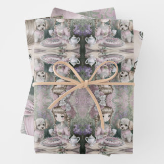 Girl with poodle and cat friends wrapping paper sheet