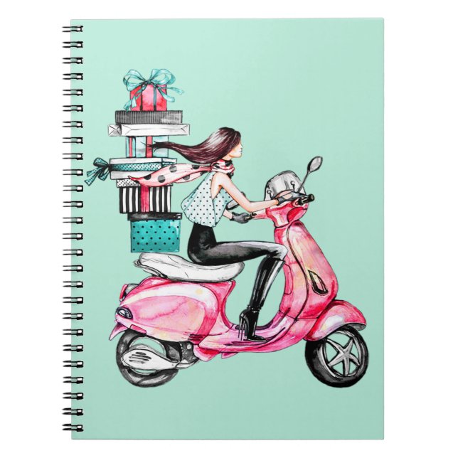 Girl with presents riding scooter notebook (Front)