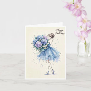 Girl with purple and blue flowers Happy Birthday  Card