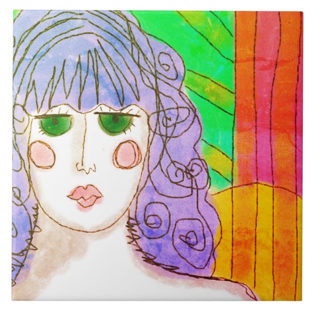Girl with Purple Hair Abstract Digital Painting  Ceramic Tile (Front)