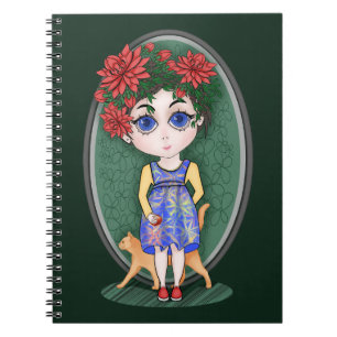 Girl with red cat and apple. Chibi Style. Notebook