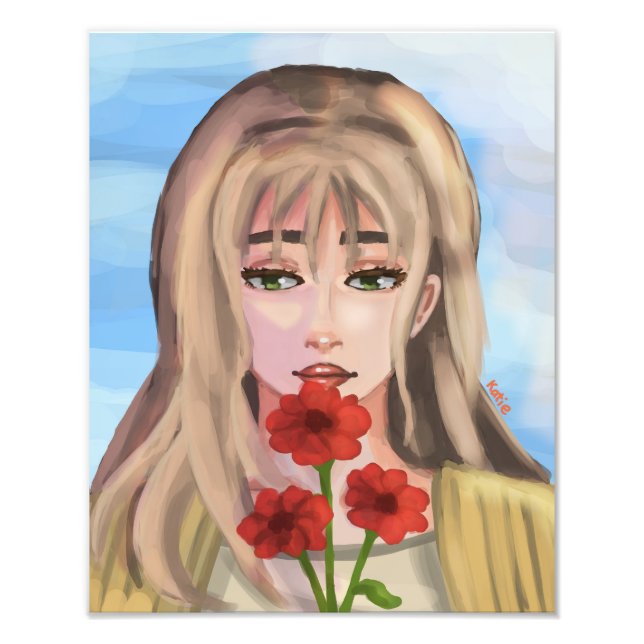 Girl with Red Flowers Handdrawn Digital Art Photo Print (Front)