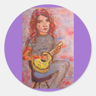 girl with red hair and ukulele classic round sticker