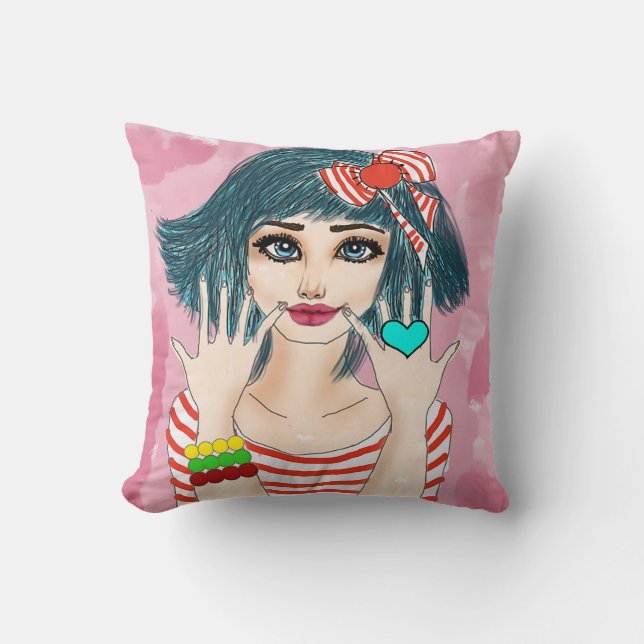 Girl With Red Ribbon Throw Pillow 16" x 16" (Front)