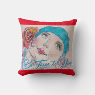 Girl with Red Rose Beret Watercolor Aqua Cushion