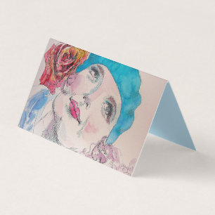 Girl with Red Rose Beret Watercolor Card Set