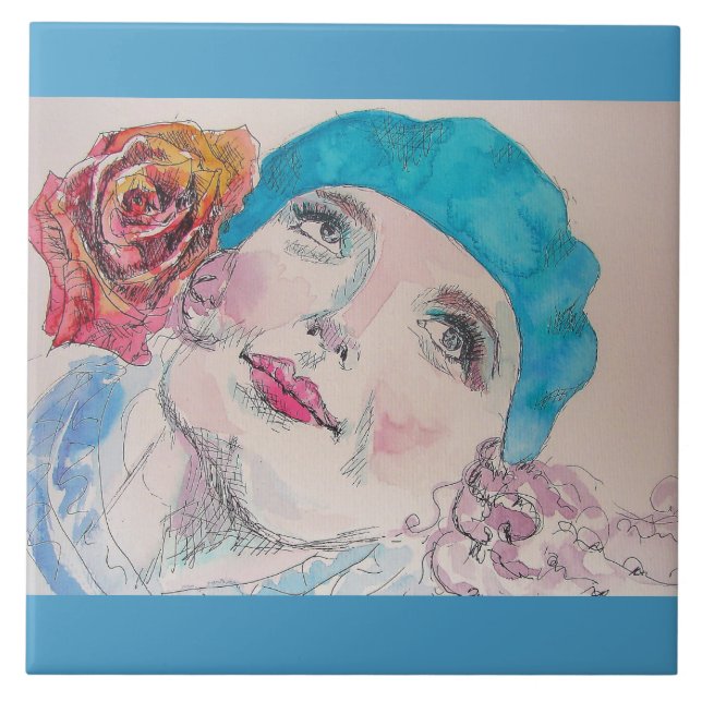 Girl with Red Rose Beret Watercolor  Ceramic Tile (Front)