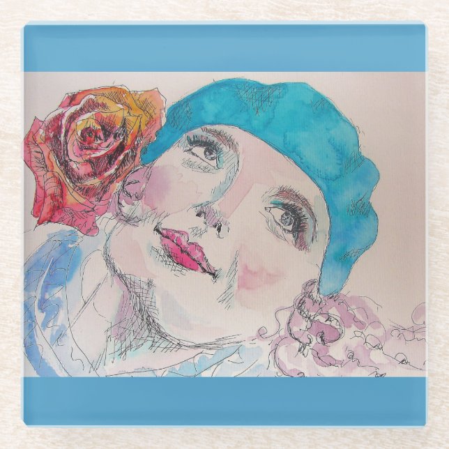 Girl with Red Rose Beret Watercolor  Glass Coaster (Front)