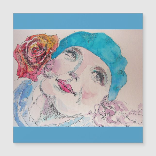 Girl with Red Rose Beret Watercolor Magnetic Card (Front)