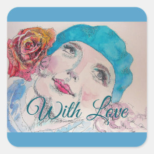 Girl with Red Rose Beret Watercolor Square Sticker