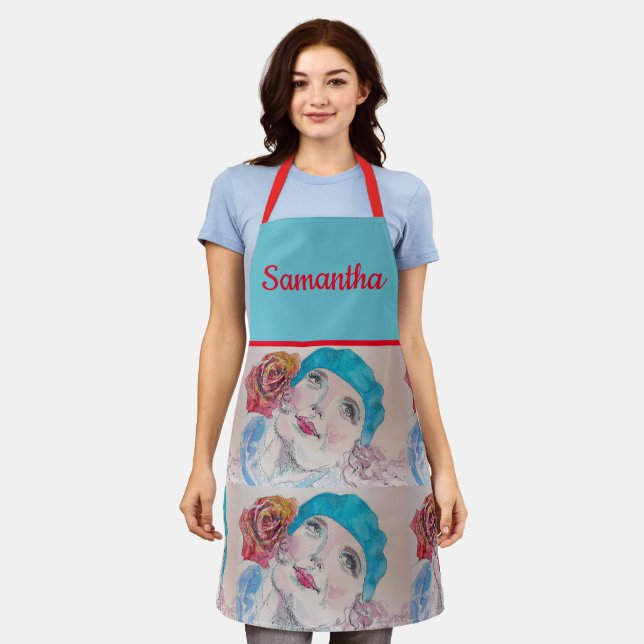 Girl With Red Rose Watercolor Beret Teal Red Apron (Worn)