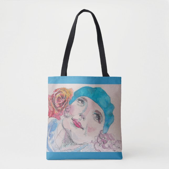 Girl with Red Rose Watercolour Grocery Tote Bag (Front)
