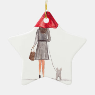 Girl with red umbrella ceramic tree decoration