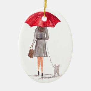 Girl with red umbrella ceramic tree decoration