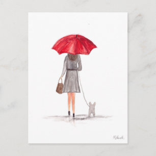 Girl with red umbrella feminine girly watercolor postcard