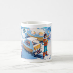 Girl with retro snowmobile coffee mug