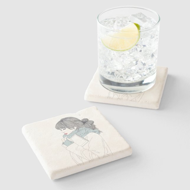 Girl with scarf and book stone coaster (Side)