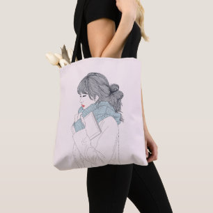 Girl with scarf and book tote bag