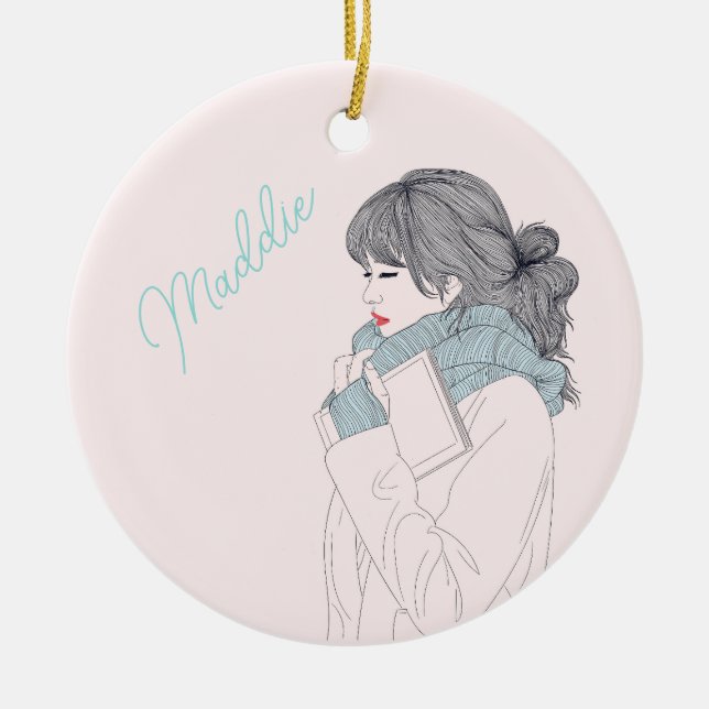 Girl with scarf cool graphic illustration ceramic ornament (Front)