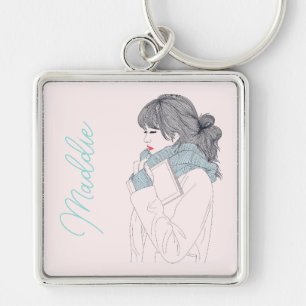 Girl with scarf cool graphic illustration key ring