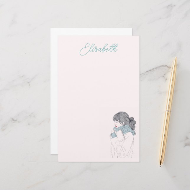 Girl with scarf cool graphic illustration stationery (Front/Back In Situ)